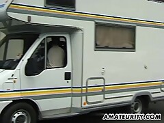 Amateur girlfriend threesome in a camping-car